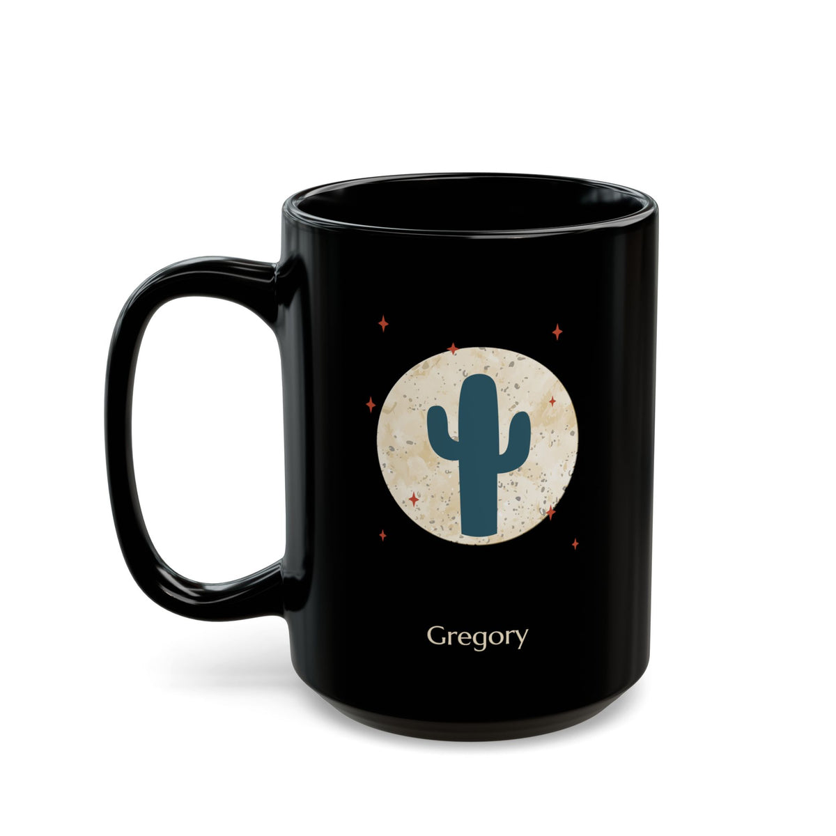 A 15oz glossy black ceramic mug, featuring a printed graphic of a teal cactus inside a beige circle with small red stars, and the name 'Gregory' printed below, left handle view.