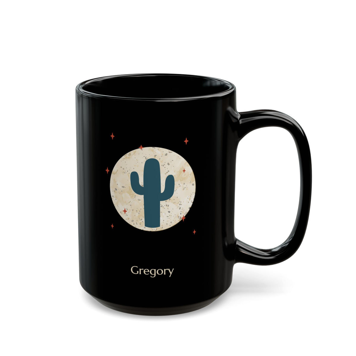 A 15oz glossy black ceramic mug, featuring a printed graphic of a teal cactus inside a beige circle with small red stars, and the name 'Gregory' printed below, right handle view.