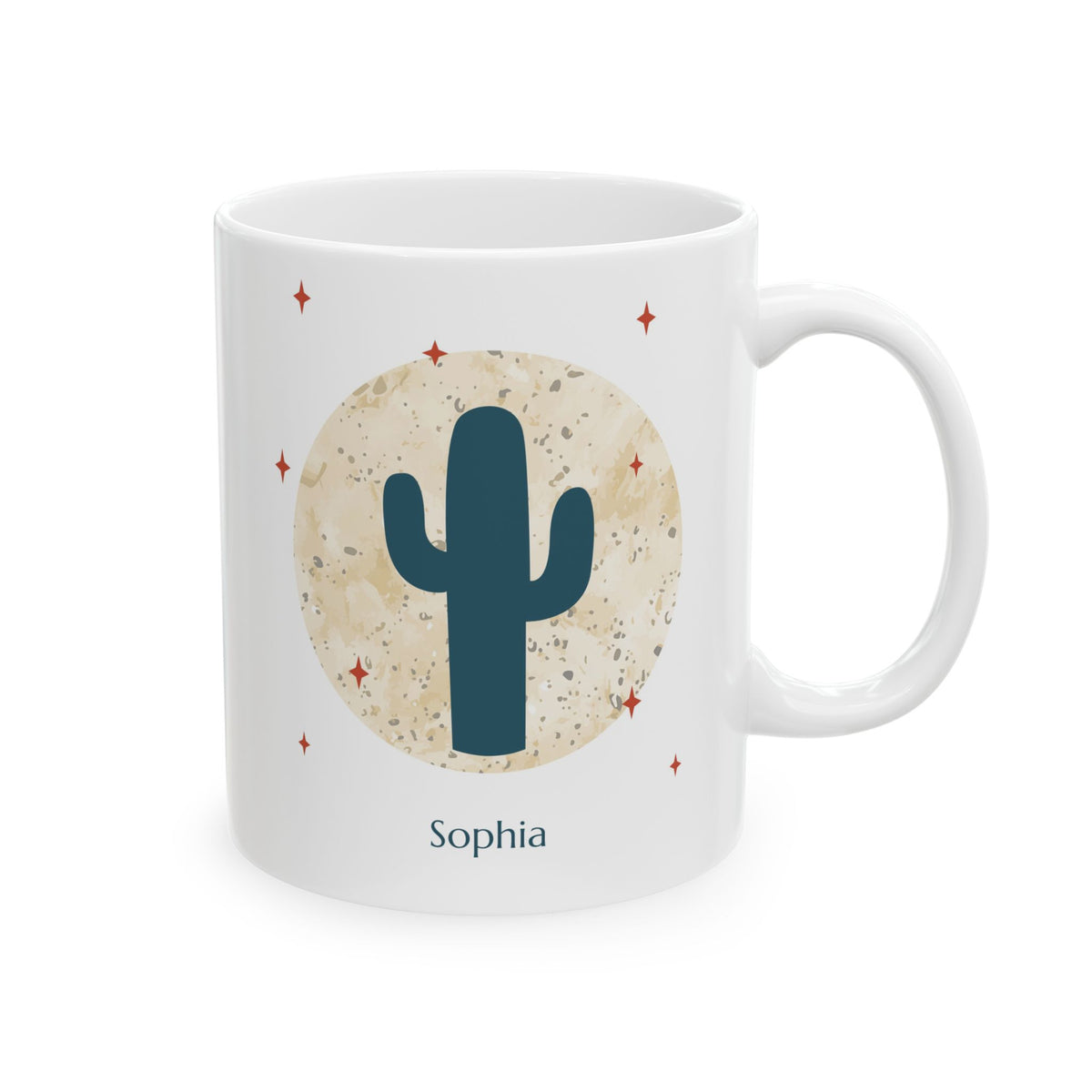 A white 11oz ceramic mug featuring a desert-themed graphic with a dark teal cactus, a textured beige circle, small red stars, and the name Jocelyn printed below, right handle view.