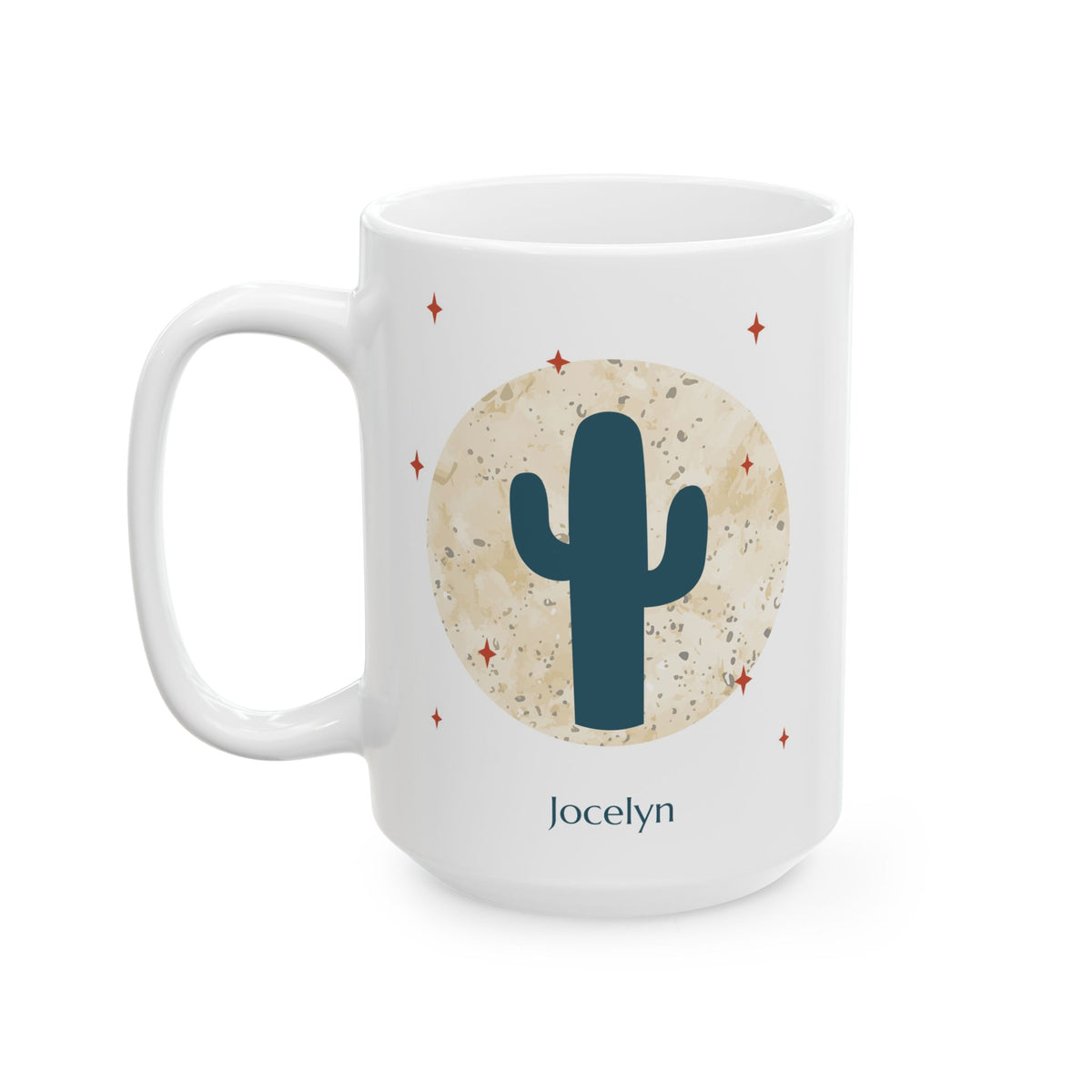 A white 15oz ceramic mug featuring a desert-themed graphic with a dark teal cactus silhouette inside a textured beige circle, surrounded by small red stars. The name 'jocelyn' is printed in a dark teal serif font below the graphic, left handle view.