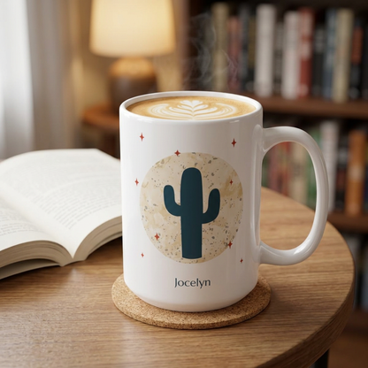 A white 15oz ceramic mug with a cactus graphic and the name 'Jocelyn' printed on it, filled with a latte and sitting on a wooden table in a cozy indoor setting with an open book and bookshelves in the background.