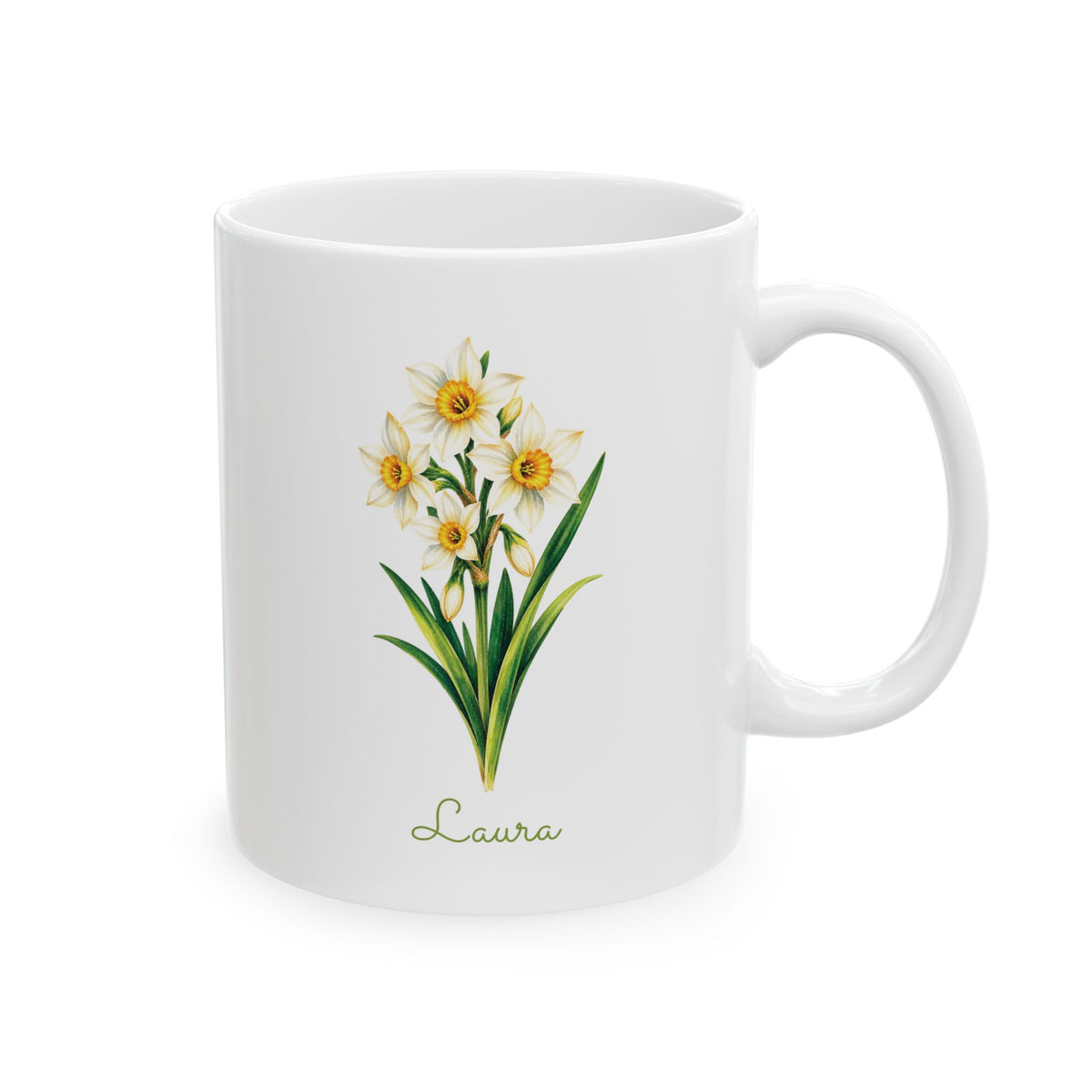 Narcissus birth flower personalized ceramic mug, 11oz, right side view.