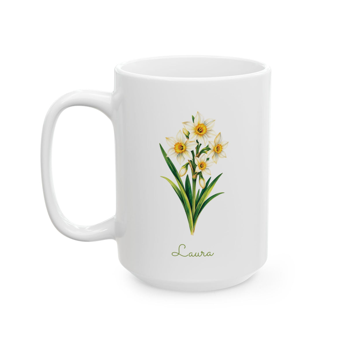 Narcissus birth flower personalized ceramic mug, 15oz, left side view.