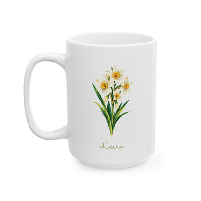 Narcissus birth flower personalized ceramic mug, 15oz, left side view.