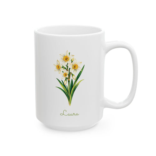 Narcissus birth flower personalized ceramic mug, 15oz, right side view.