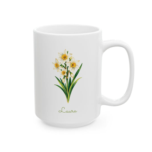 Narcissus birth flower personalized ceramic mug, 15oz, right side view.
