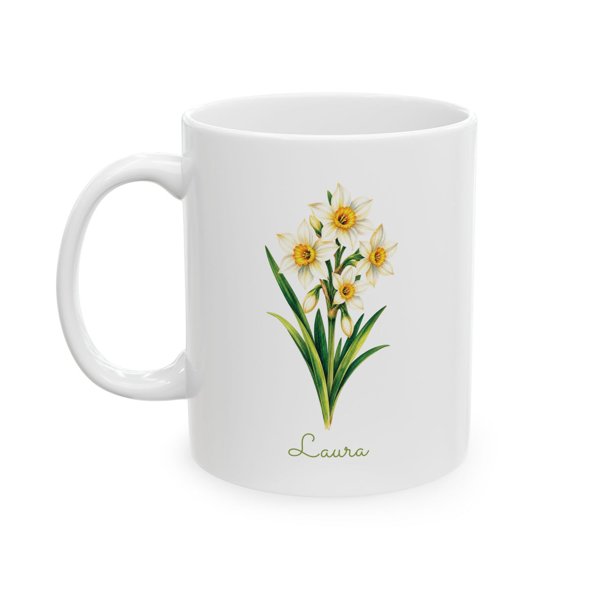Narcissus birth flower personalized ceramic mug, 11oz, left side view