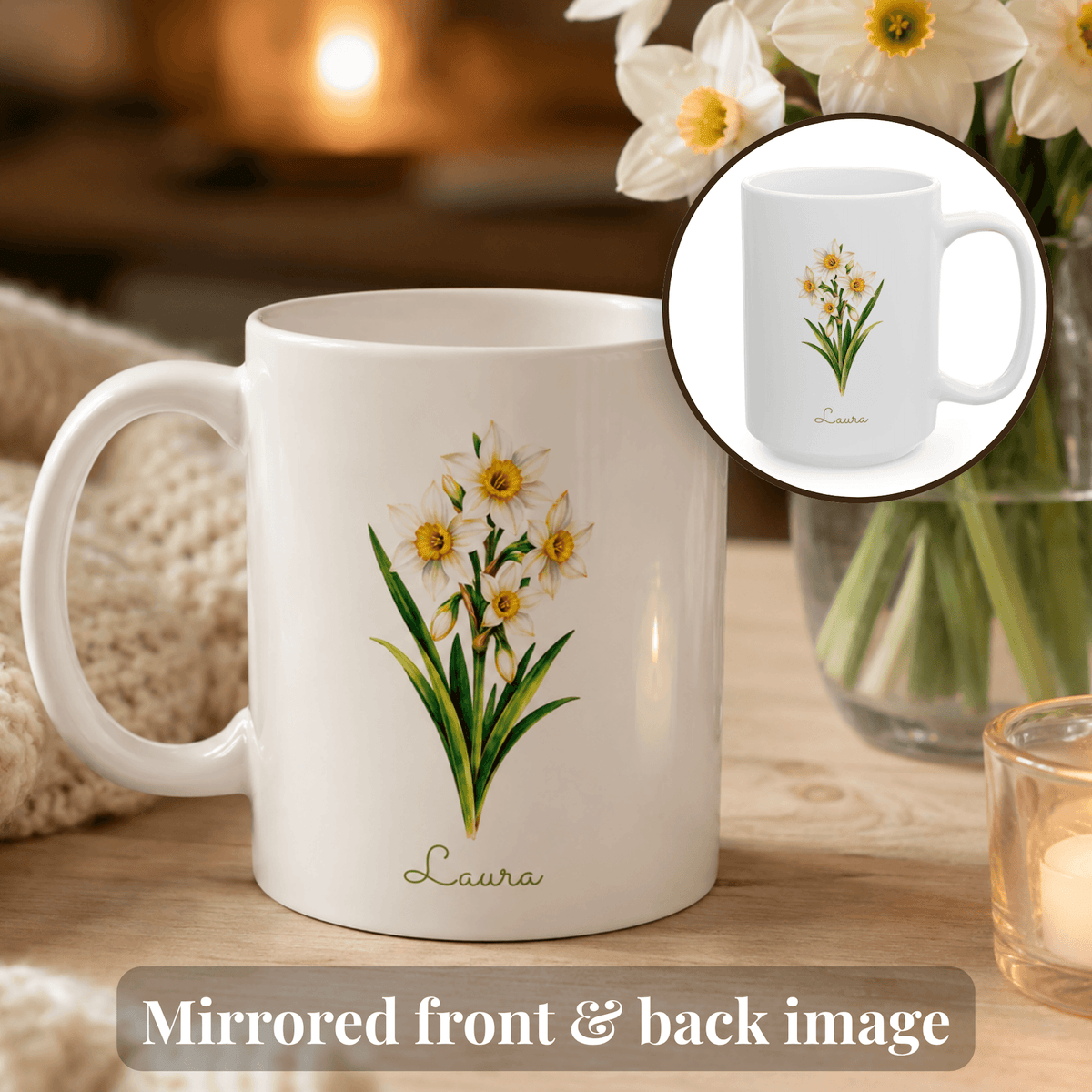 Narcissus birth flower personalized ceramic mug. Circular inset shows the other side of the mug with mirrorred flower image.