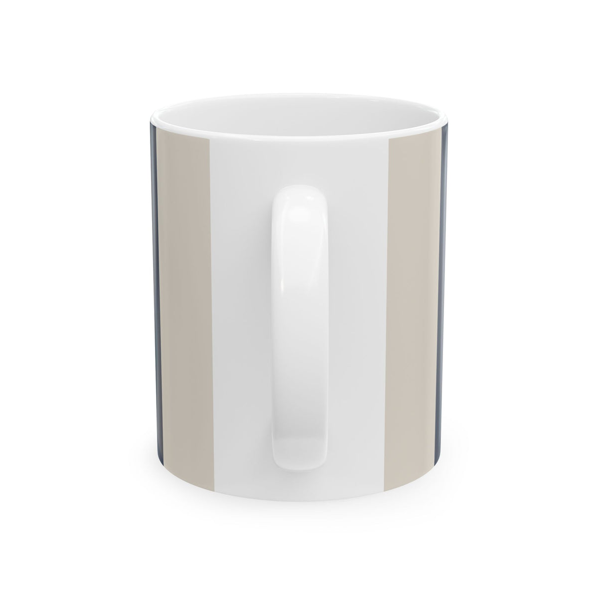 Handle view of a white ceramic 11oz mug with a vertical striped pattern in beige, navy and white, on a white background.