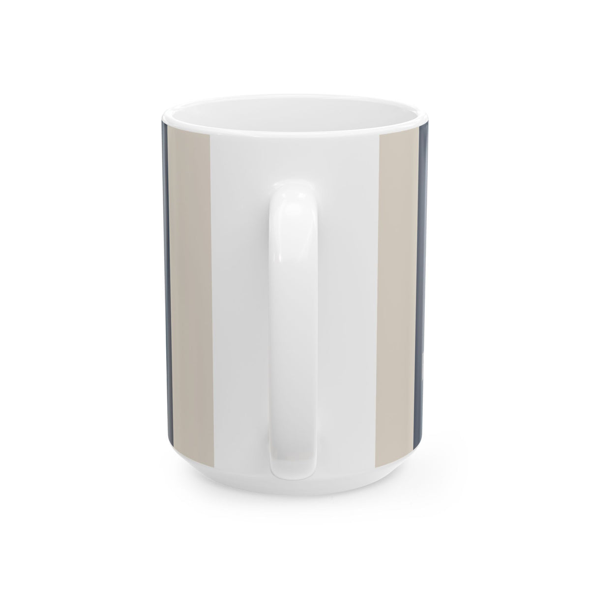 Handle view of a white ceramic 15oz mug with a vertical striped pattern in beige, navy and white, on a white background.