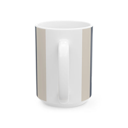 Handle view of a white ceramic 15oz mug with a vertical striped pattern in beige, navy and white, on a white background.