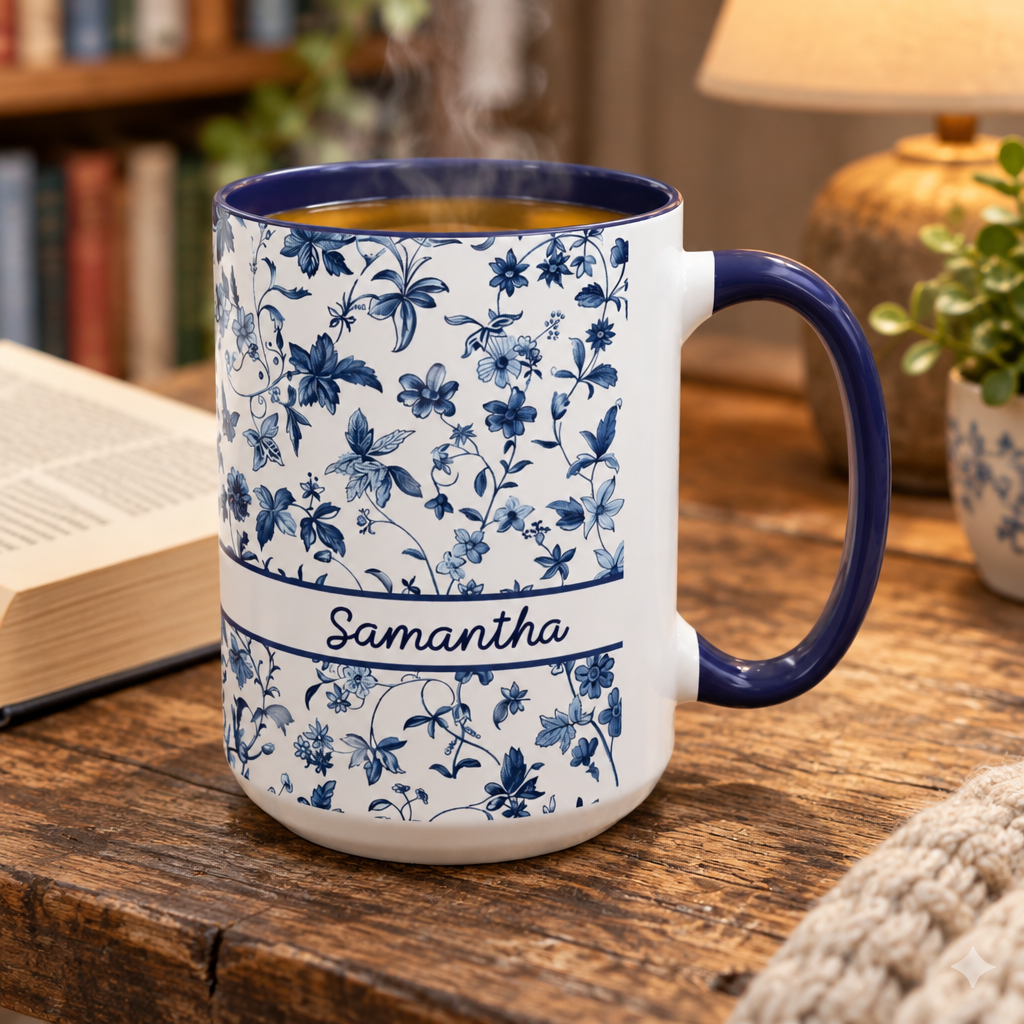 A white ceramic 15oz mug with a blue floral chinoiserie pattern and the name 'Samantha' printed on the front, filled with a hot beverage and sitting on a wooden table in a cozy indoor setting.
