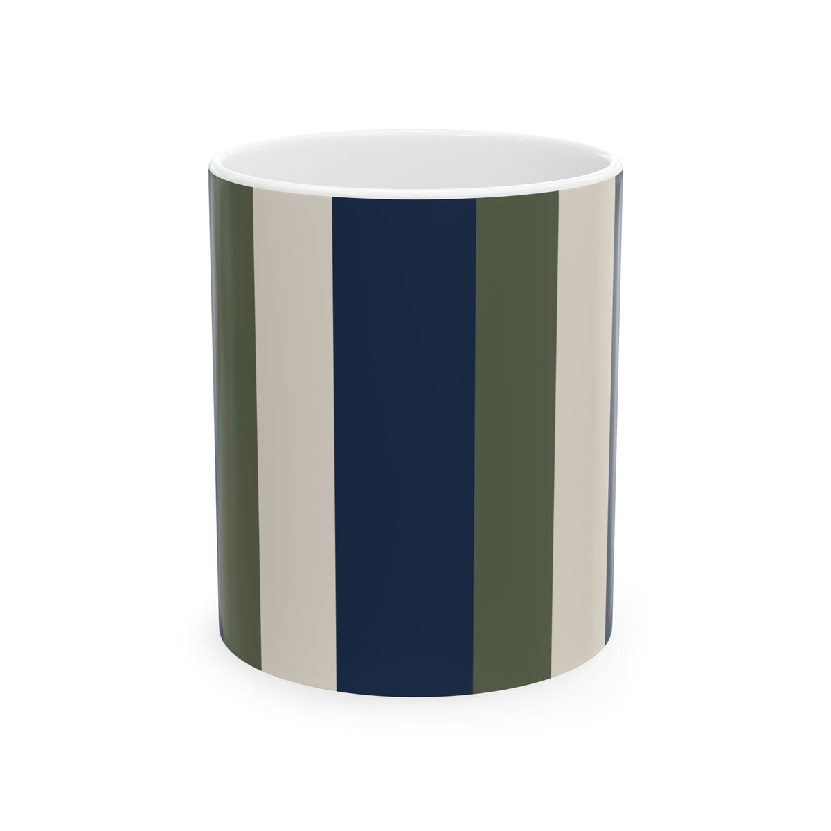 A ceramic 11oz mug with a modern vertical stripe pattern in navy blue, olive green and beige, shown on a clean white background. Handle not visible.