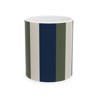 A ceramic 11oz mug with a modern vertical stripe pattern in navy blue, olive green and beige, shown on a clean white background. Handle not visible.