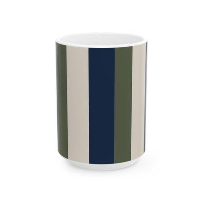 A white ceramic 15oz mug featuring a vertical stripe pattern in olive green, beige, and navy blue, shown on a clean white background. Handle not visible.