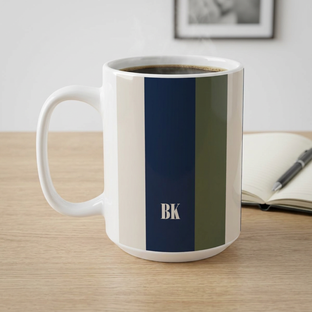 A white ceramic coffee 15oz mug with vertical navy blue, beige and olive green stripes, featuring the initials 'BK' in beige on the navy stripe. The mug is filled with coffee and sits on a light wood desk next to an open notebook and pen. Left handle view.