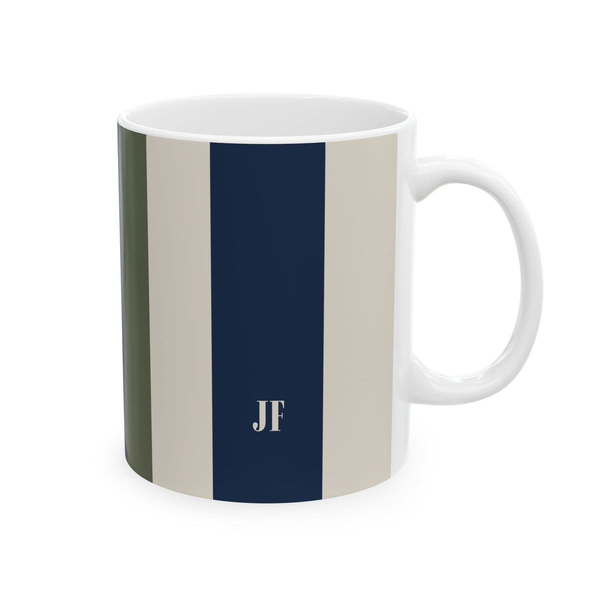 A white ceramic 11oz mug with wide vertical stripes in olive green, beige, and navy blue, featuring the initials 'JF' in beige on the navy stripe. Right handle view.