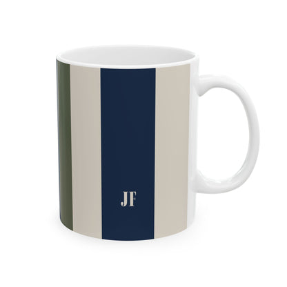 A white ceramic 11oz mug with wide vertical stripes in olive green, beige, and navy blue, featuring the initials 'JF' in beige on the navy stripe. Right handle view.