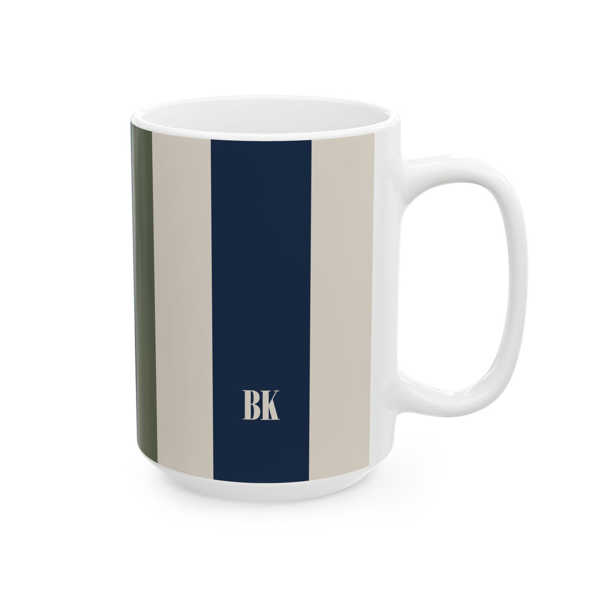 A white ceramic 15oz mug with wide vertical stripes in olive green, beige, and navy blue, featuring a beige monogram 'BK' on the navy stripe. Right handle view.