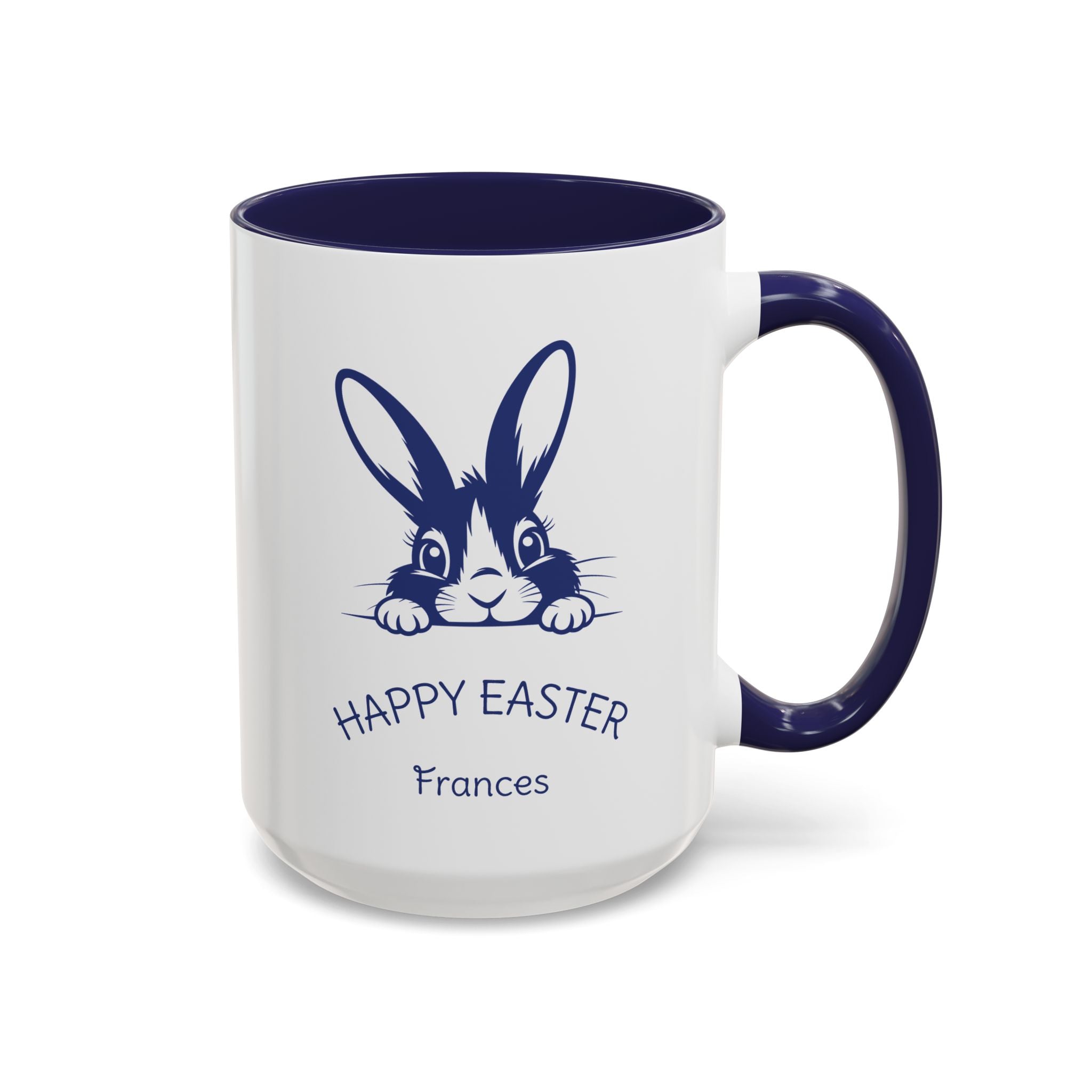 Personalised peeking bunny Easter mug in navy, Happy Easter greeting with a name