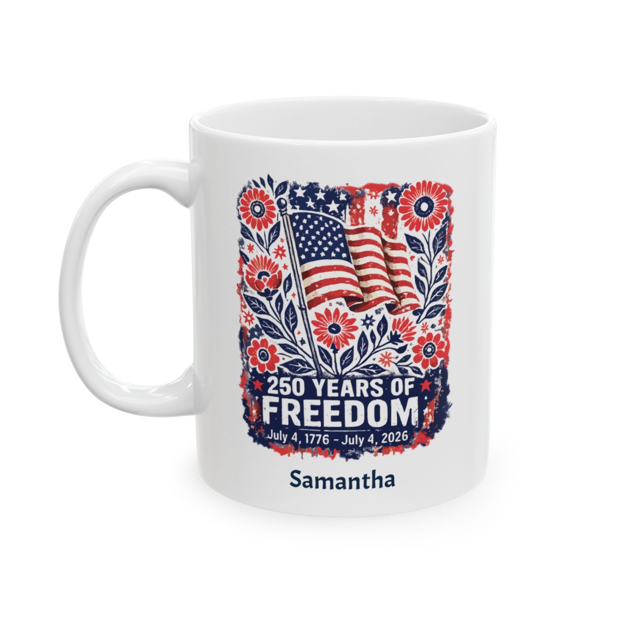 Personalized 250 Years of Freedom white mug 11oz left side view patriotic folk art