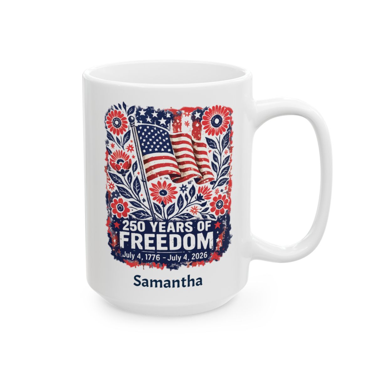 Personalized 250 Years of Freedom white mug 15oz right side view folk art design with custom name