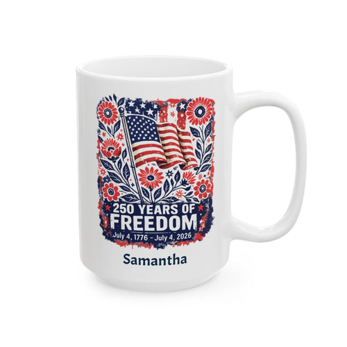 Personalized 250 Years of Freedom white mug 15oz right side view folk art design with custom name