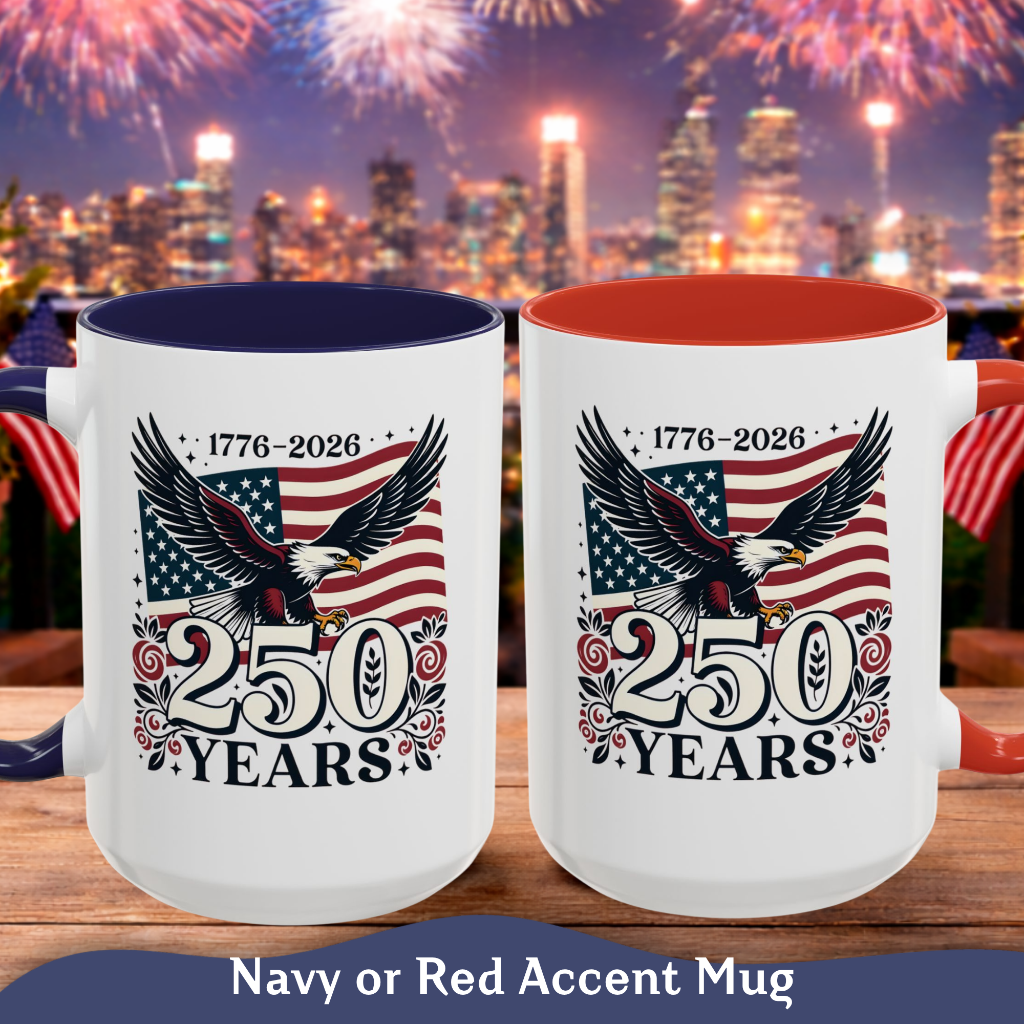 Personalized 250th Anniversary Eagle & Flag Accent Mug, navy accent, 11oz, front view