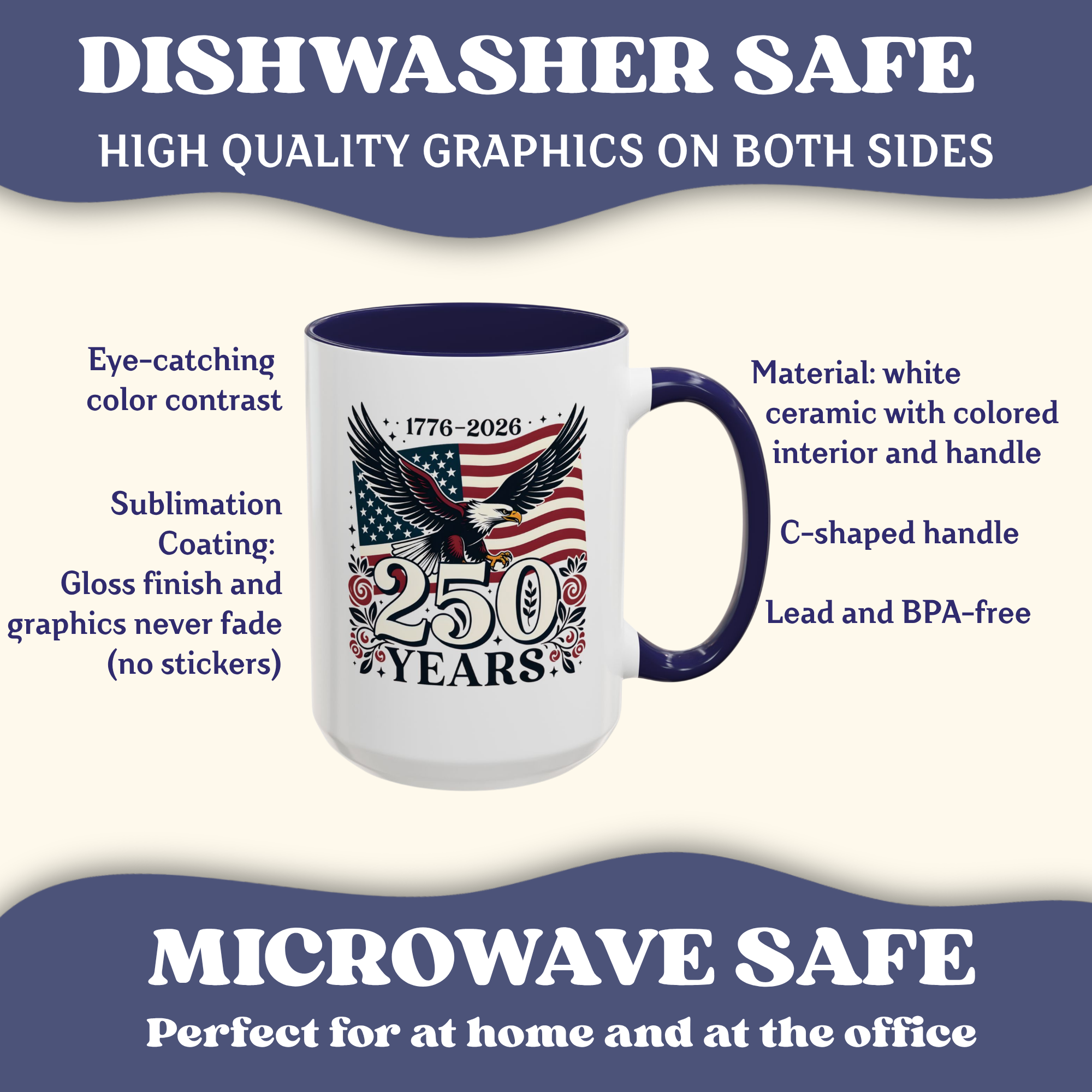 Personalized 250th Anniversary Eagle & Flag Accent Mug, navy accent, 15oz, right side view