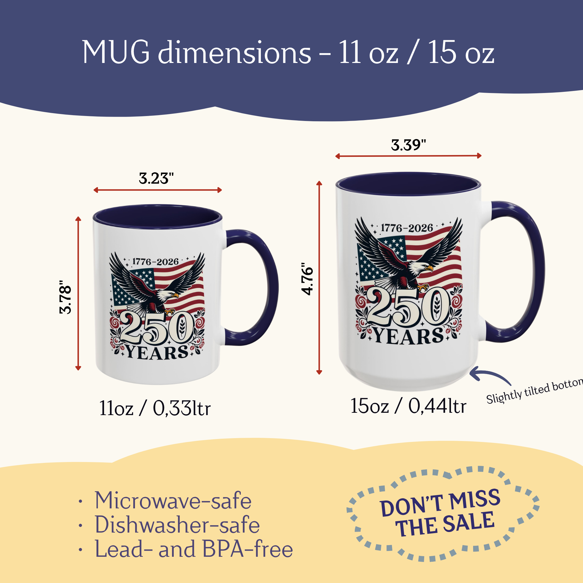 Personalized 250th Anniversary Eagle & Flag Accent Mug, red accent, 11oz, right side view