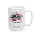 Personalized America 1776-2026 white mug 15oz right side view with fireworks design and custom name