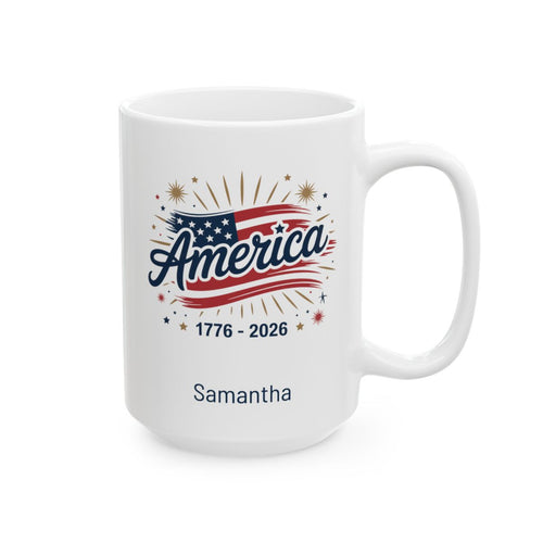Personalized America 1776-2026 white mug 15oz right side view with fireworks design and custom name