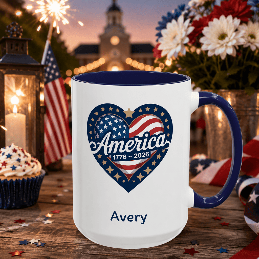 Personalized America 1776-2026 patriotic heart accent mug lifestyle mockup