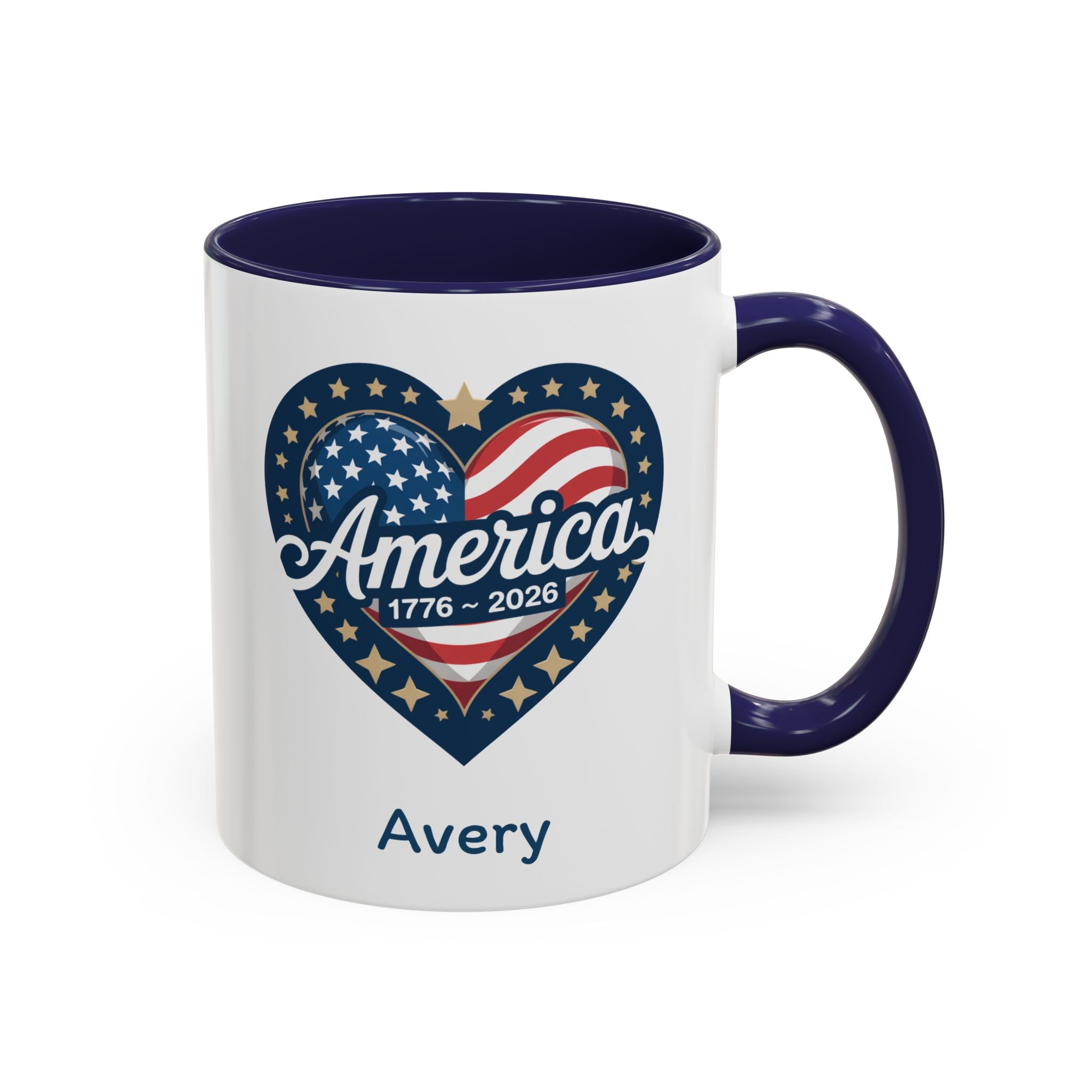 Personalized America 1776-2026 heart mug navy accent 11oz right side view