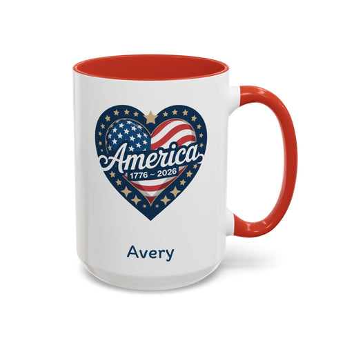 Personalized America 1776-2026 heart mug red accent 15oz right side view custom name