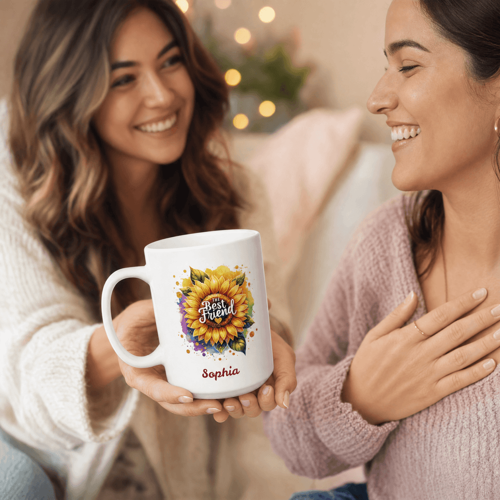Personalized Best Friend sunflower mug lifestyle mockup gift for her