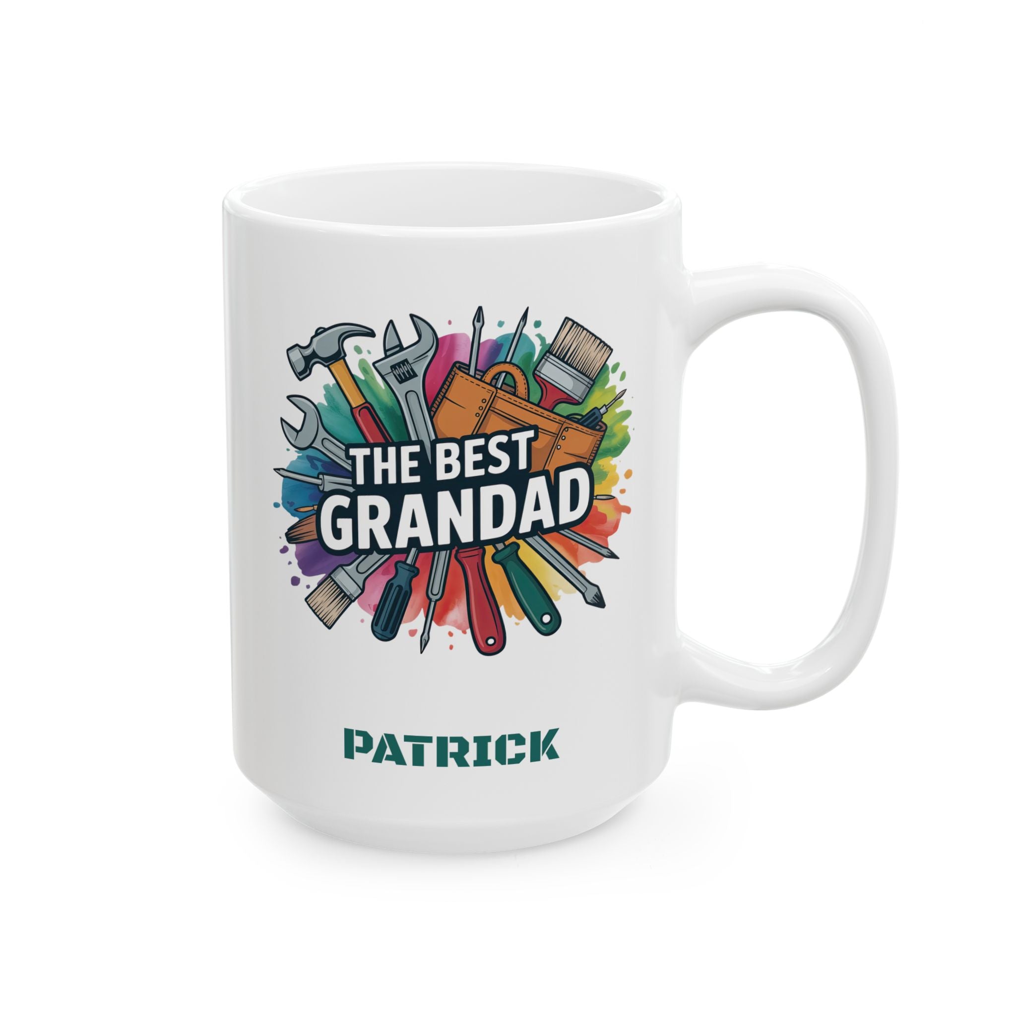 Personalized Best Grandad white mug 15oz right side view colorful tools design custom name