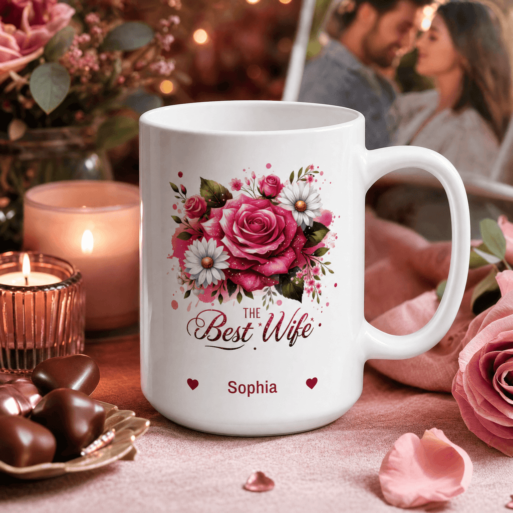 Personalized Best Wife floral mug lifestyle mockup Valentine's Day gift