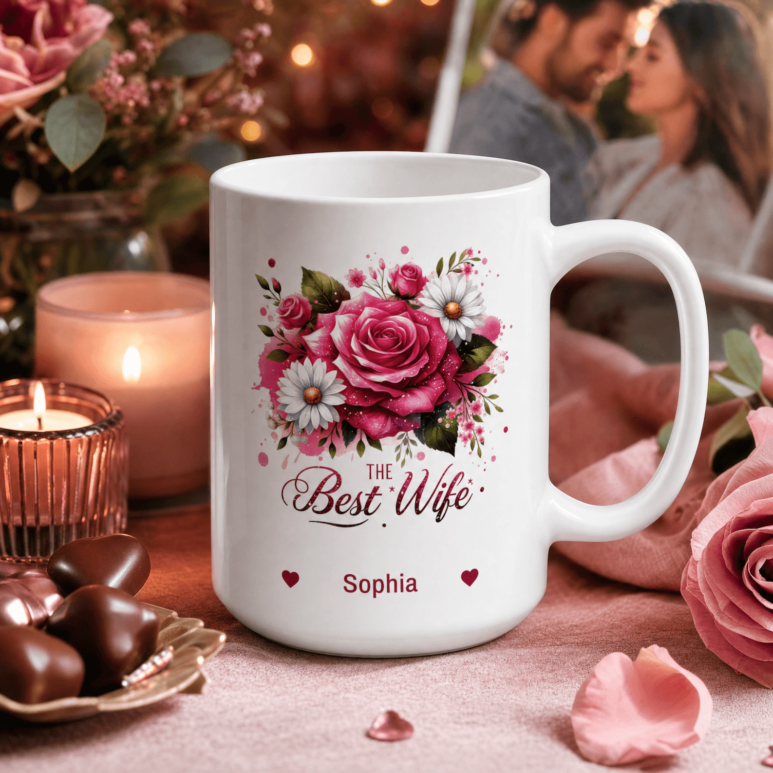 Personalized Best Wife floral mug lifestyle mockup Valentine's Day gift