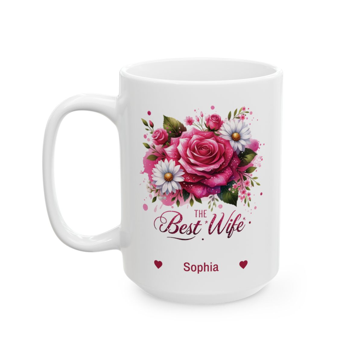 Personalized Best Wife white mug 15oz left side view floral roses design