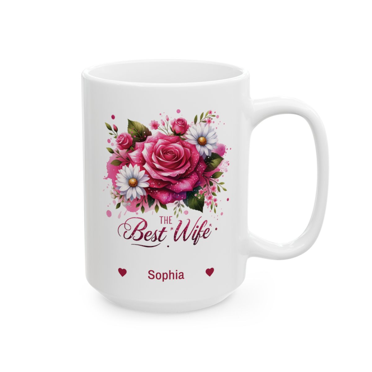 Personalized Best Wife white mug 15oz right side view with pink roses design and custom name