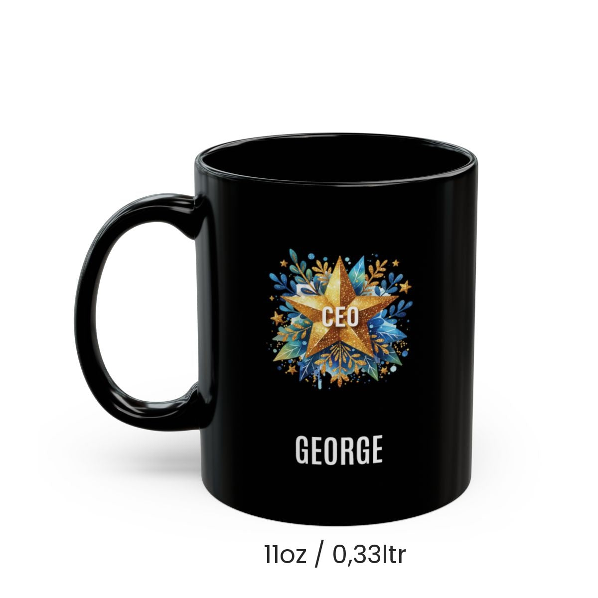 Personalized CEO Mug – Black Glossy Gold Star Design