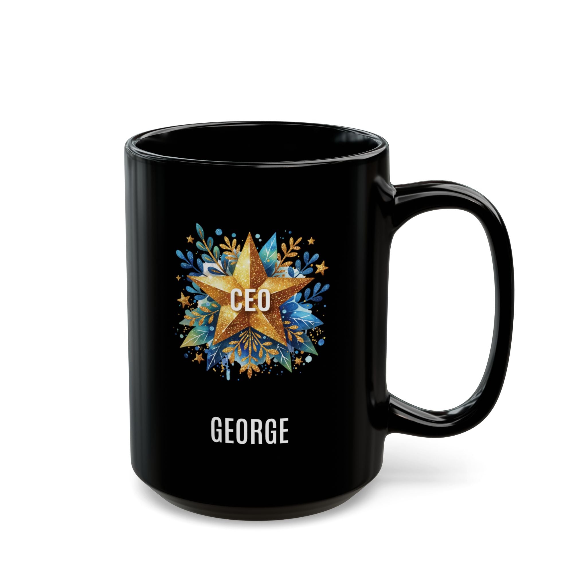 Personalized black CEO mug with gold star and blue botanical design and custom name