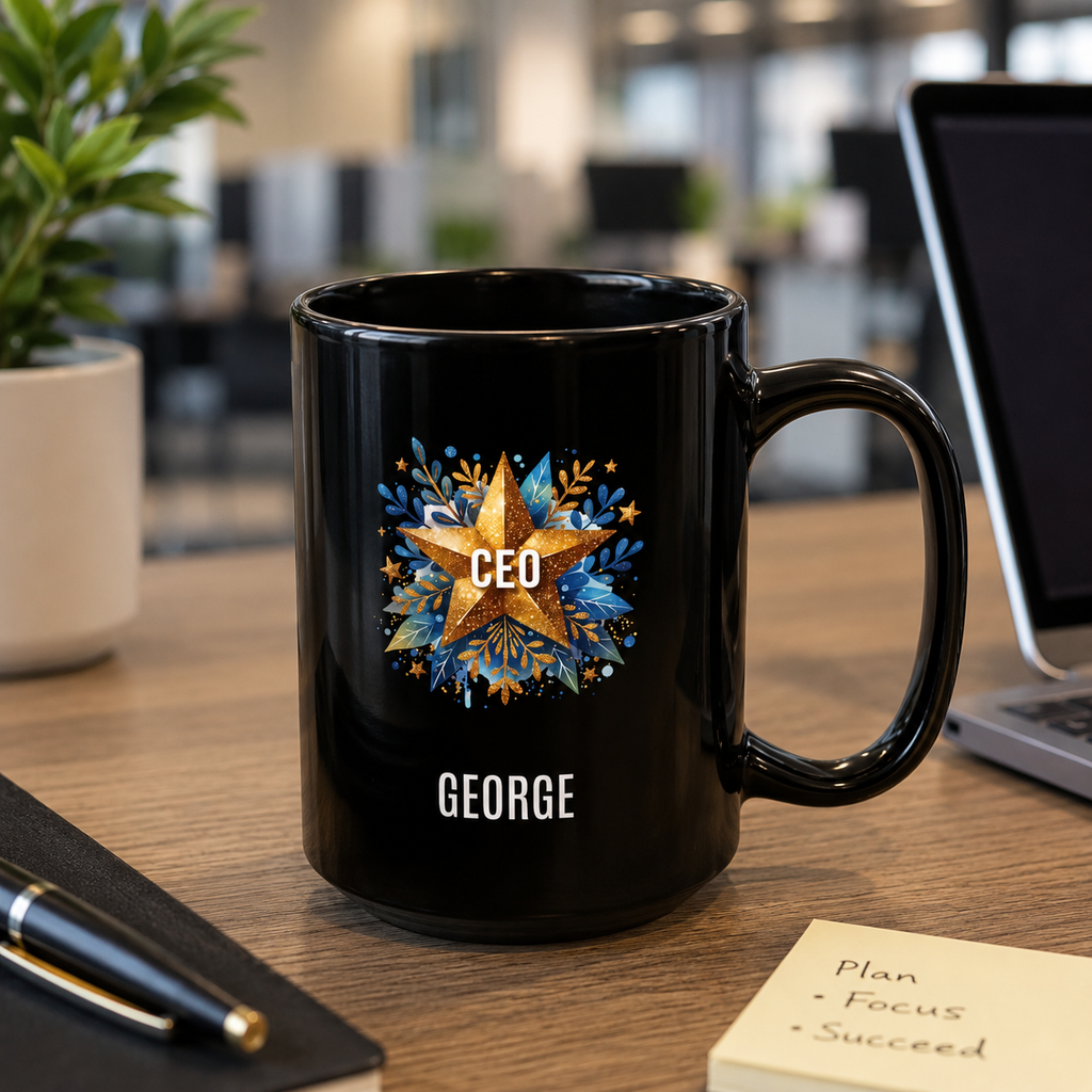 Personalized black CEO mug desk lifestyle photo work anniversary gift