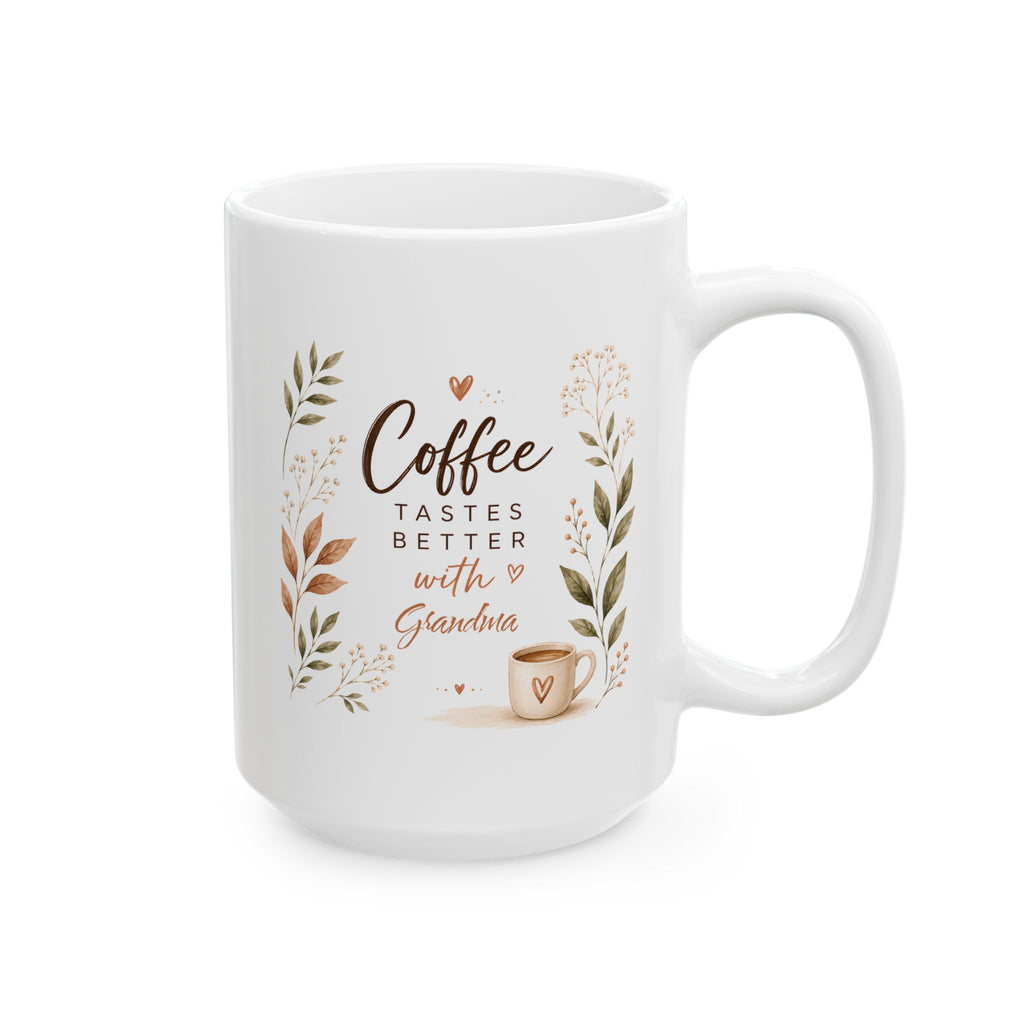 Personalized Coffee Tastes Better with Grandma white mug 15oz right side view botanical design