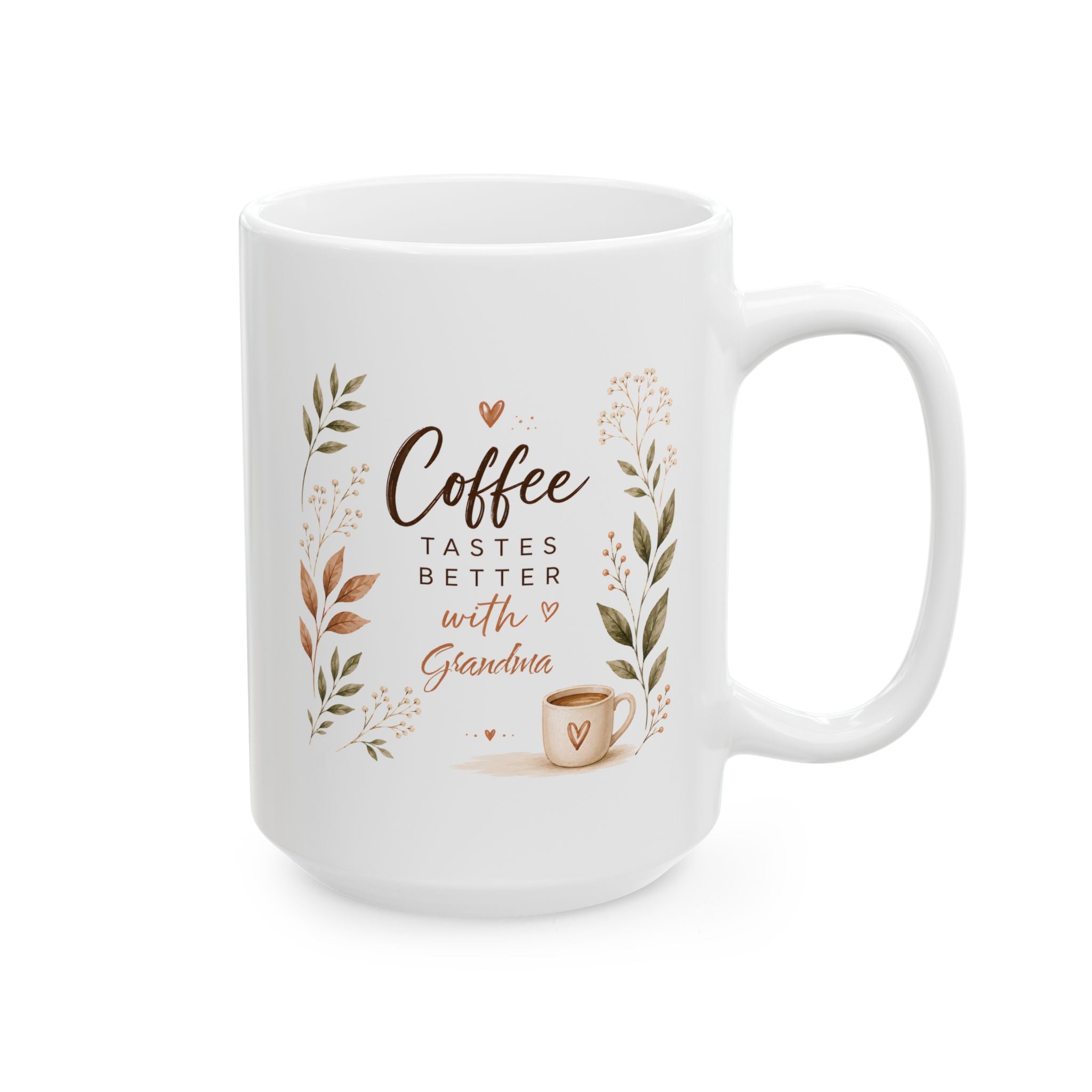 Personalized Coffee Tastes Better with Grandma white mug 15oz right side view botanical design