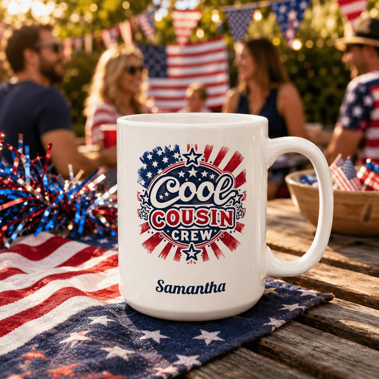 Personalized Cool Cousin Crew patriotic mug lifestyle mockup gift idea