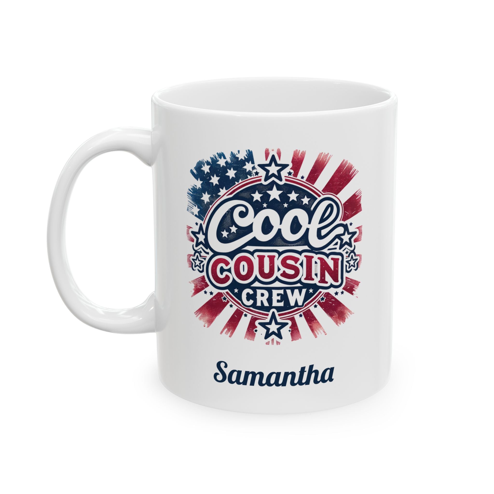 Personalized Cool Cousin Crew white mug 11oz right side view patriotic design