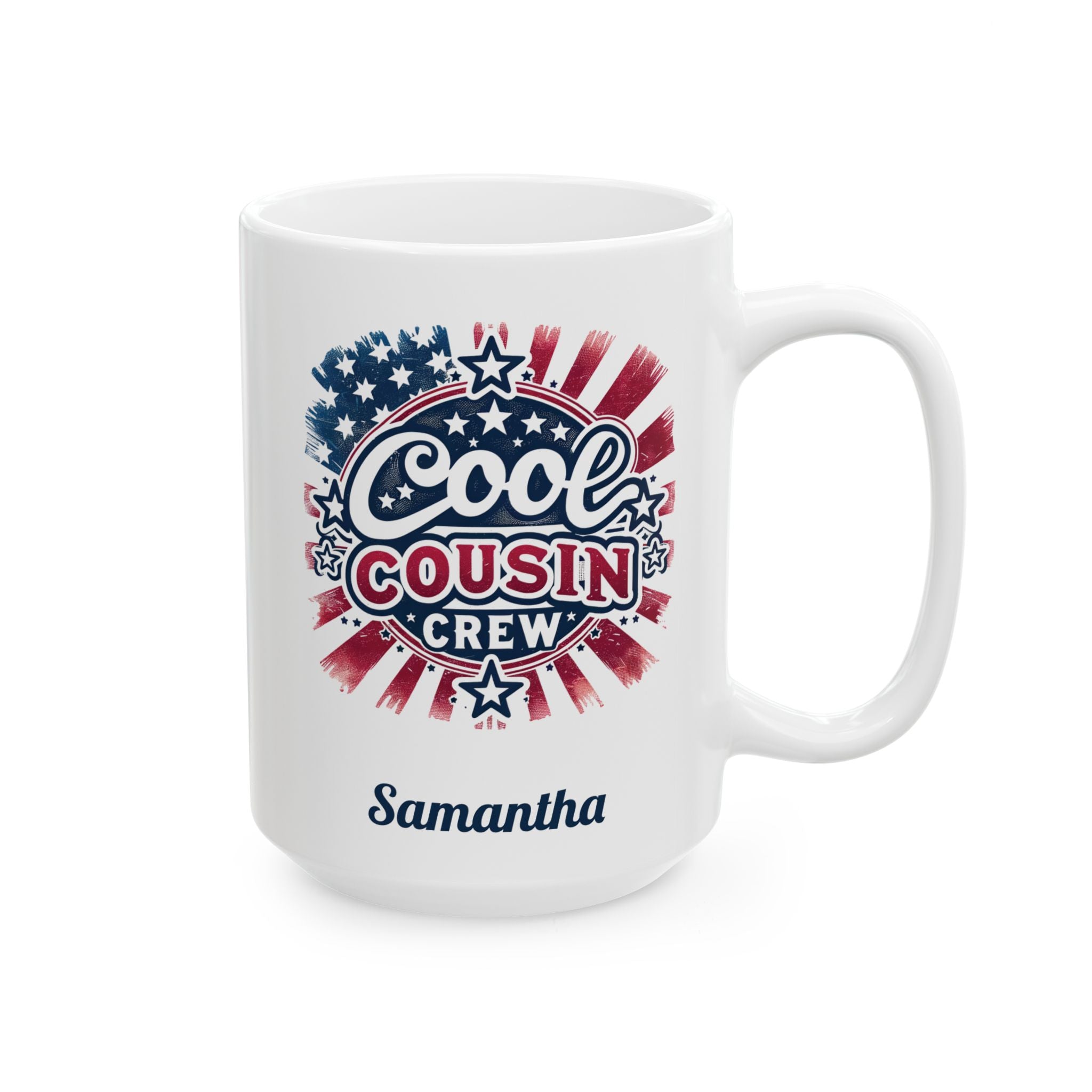 Personalized Cool Cousin Crew patriotic white mug 15oz right side view with custom name
