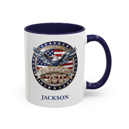 Personalized Freedom 250 navy accent mug 11oz right side view with eagle and US flag design